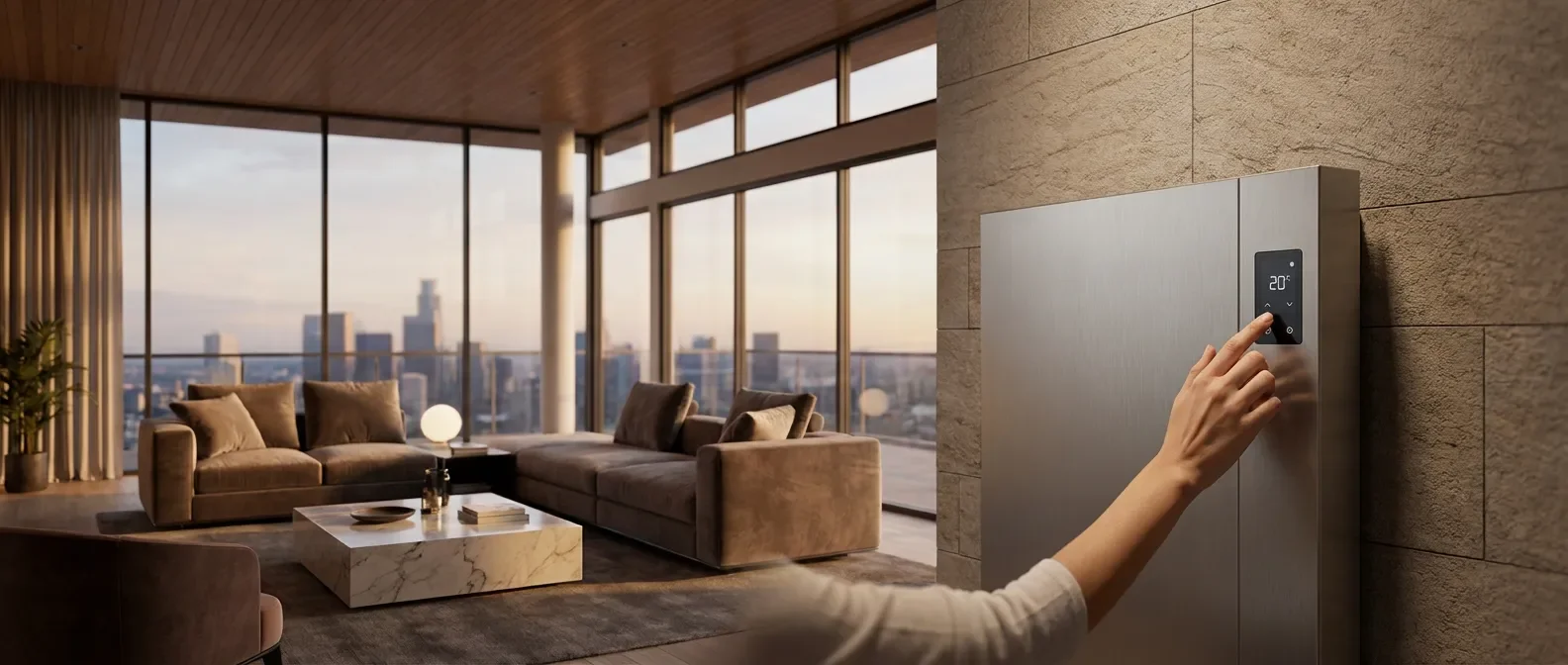 Photo panoramique d'un salon moderne avec un radiateur Equation élégant, ambiance chaleureuse et lumineuse, main ajustant le thermostat.