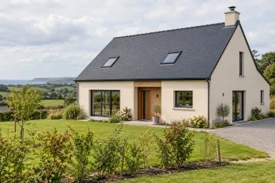 Maison individuelle aux façades claires et au toit en ardoise dans un paysage normand