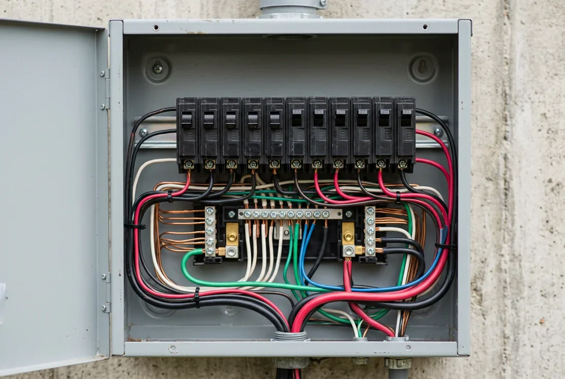 Installation professionnelle d'un coffret électrique de piscine Coffret électrique de piscine ouvert et câblé proprement