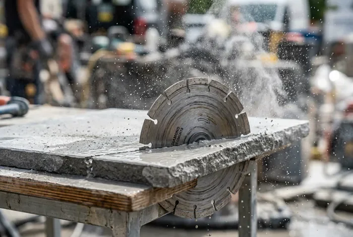 Gros plan sur la découpe d'une dalle en grès cérame