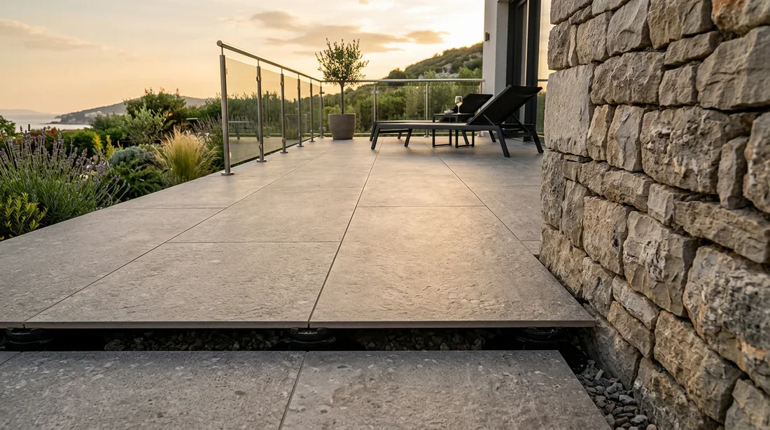 Terrasse moderne en grès cérame sur plots Installation de dalles en grès cérame sur plots pour terrasse moderne