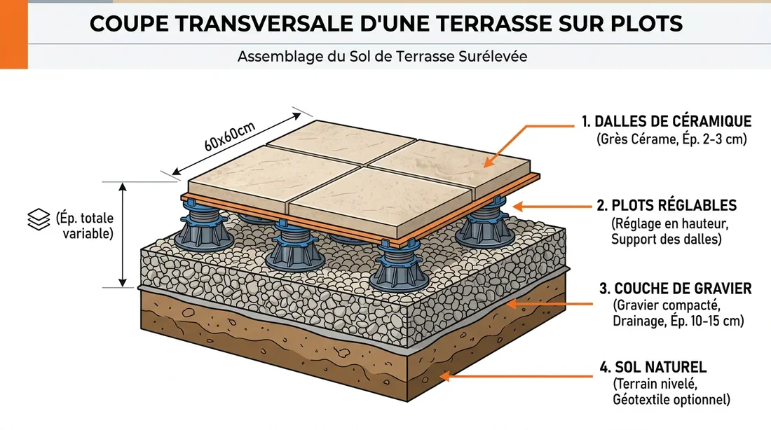 Schéma de structure d'une terrasse sur plots Schéma technique de pose de dalles sur plots