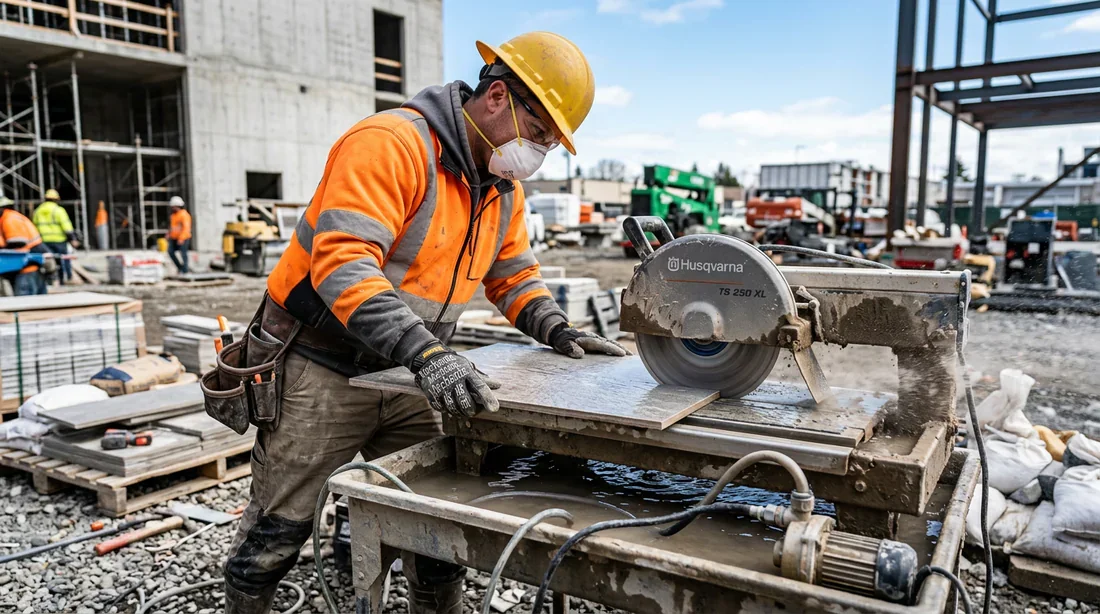 Outils de découpe pour terrasse Technicien utilisant une scie à eau pour la découpe de dalles
