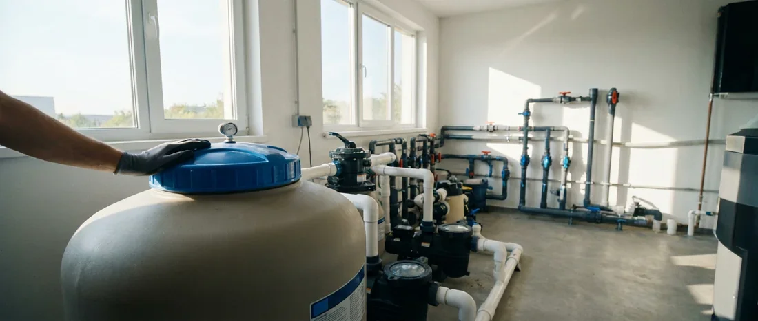 Local technique piscine propre avec filtre à sable et main sur le couvercle