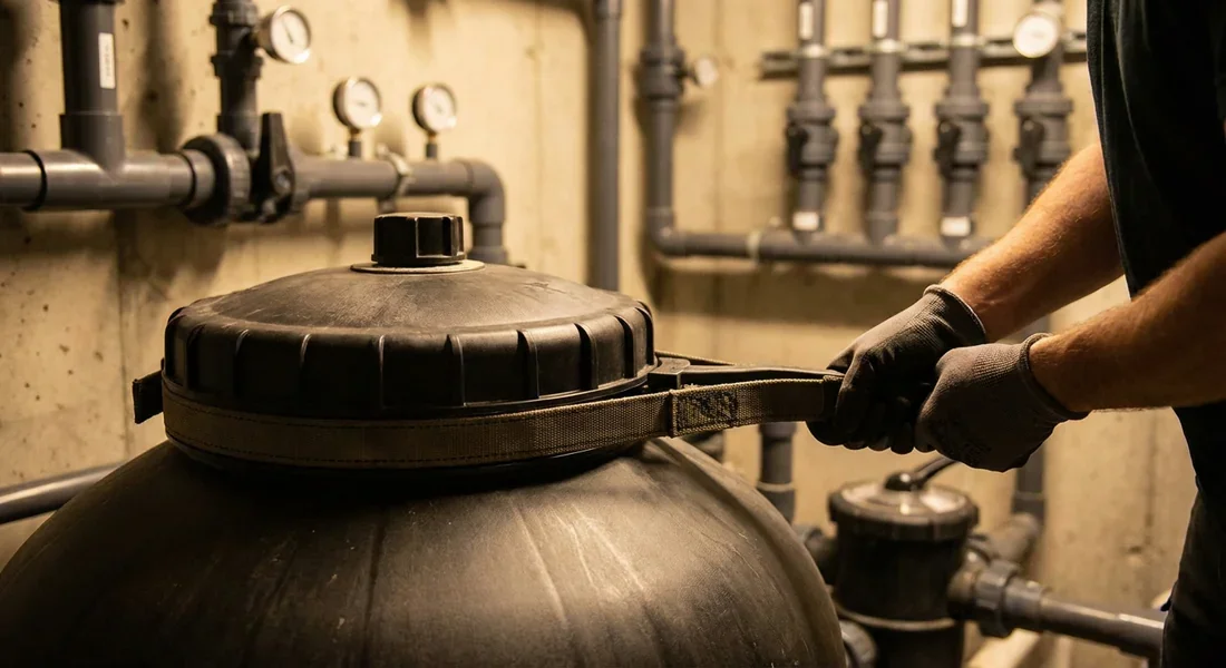 Utilisation clé à sangle pour dévisser couvercle filtre bloqué