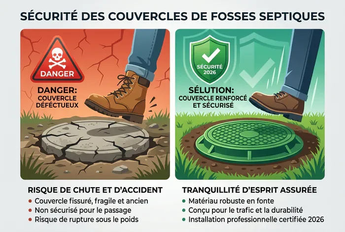 Couvercle plastique fosse septique cassé : guide remplacement - 3 étapes pour changer un tampon de fosse cassé - Votre couvercle de fosse est cassé ? Voici comment le remplacer Comparatif sécurité couvercle de fosse septique