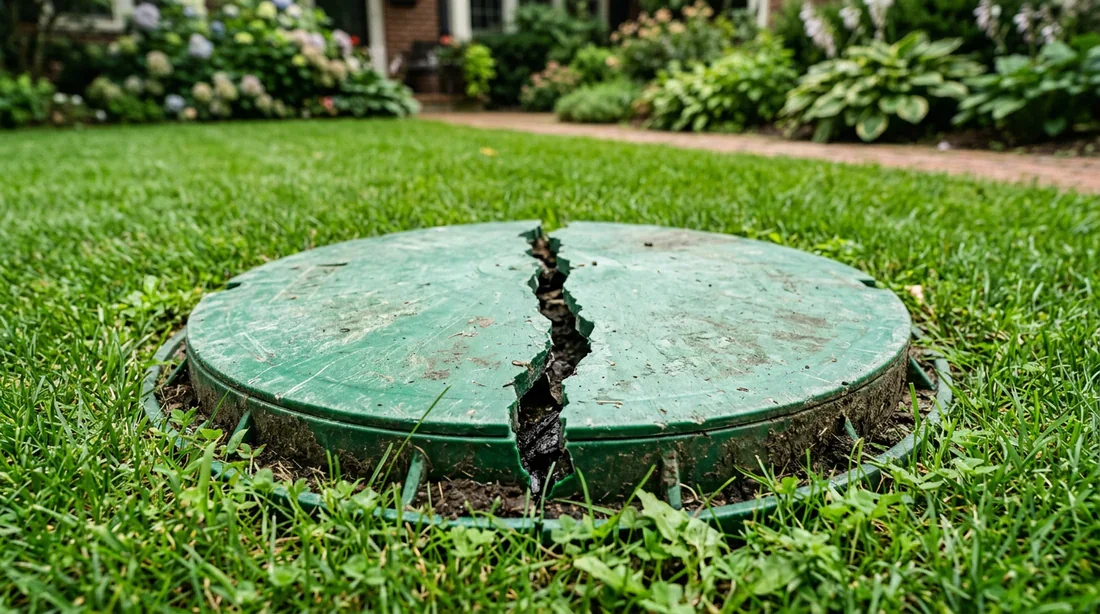 Couvercle de fosse septique en plastique fissuré dans un jardin