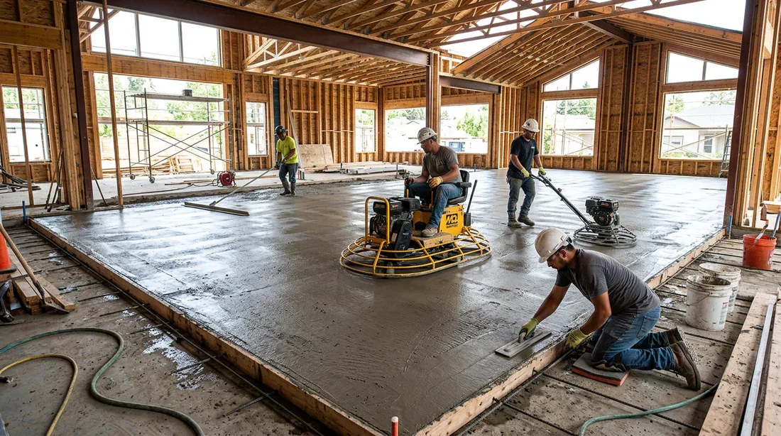 Techniques de lissage du béton Équipe de maçons travaillant la finition d'une dalle de béton