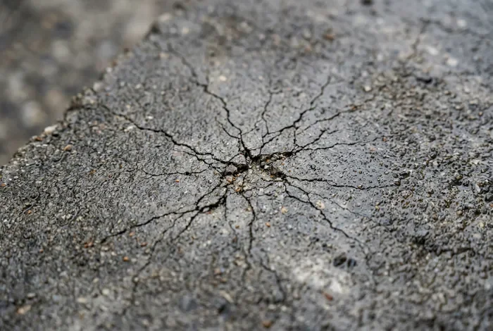 Dalle béton qui fissure : Causes et solutions - Dalle béton qui fissure : Le guide de réparation ultime - Pourquoi ma dalle béton fissure ? Les solutions Gros plan sur une fissure superficielle sur une dalle de béton brut
