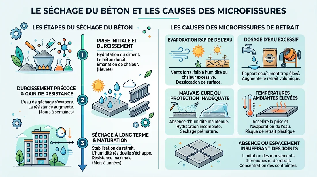 Infographie des causes de fissures sur béton Schéma explicatif des causes de fissuration du béton au séchage