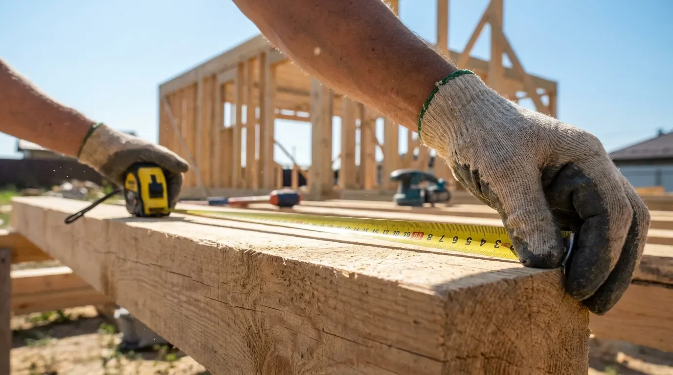 Mains d'un artisan mesurant avec précision la structure en bois d'un débord de toit en construction.
