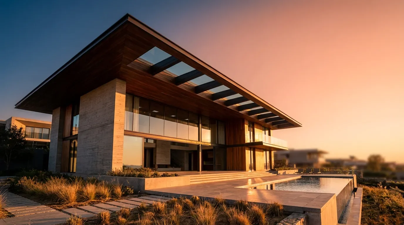 Vue en contre-plongée d'une villa d'architecte moderne avec un très grand débord de toit éclairé par la lumière dorée du coucher de soleil.