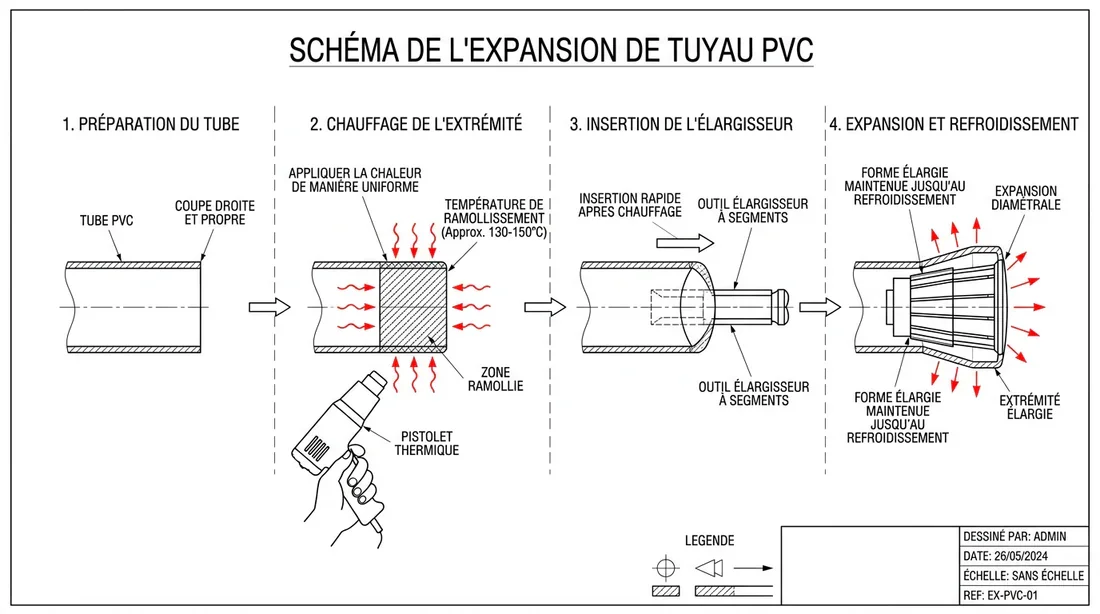 Schéma technique expliquant la méthode de chauffe et d'alésage du PVC