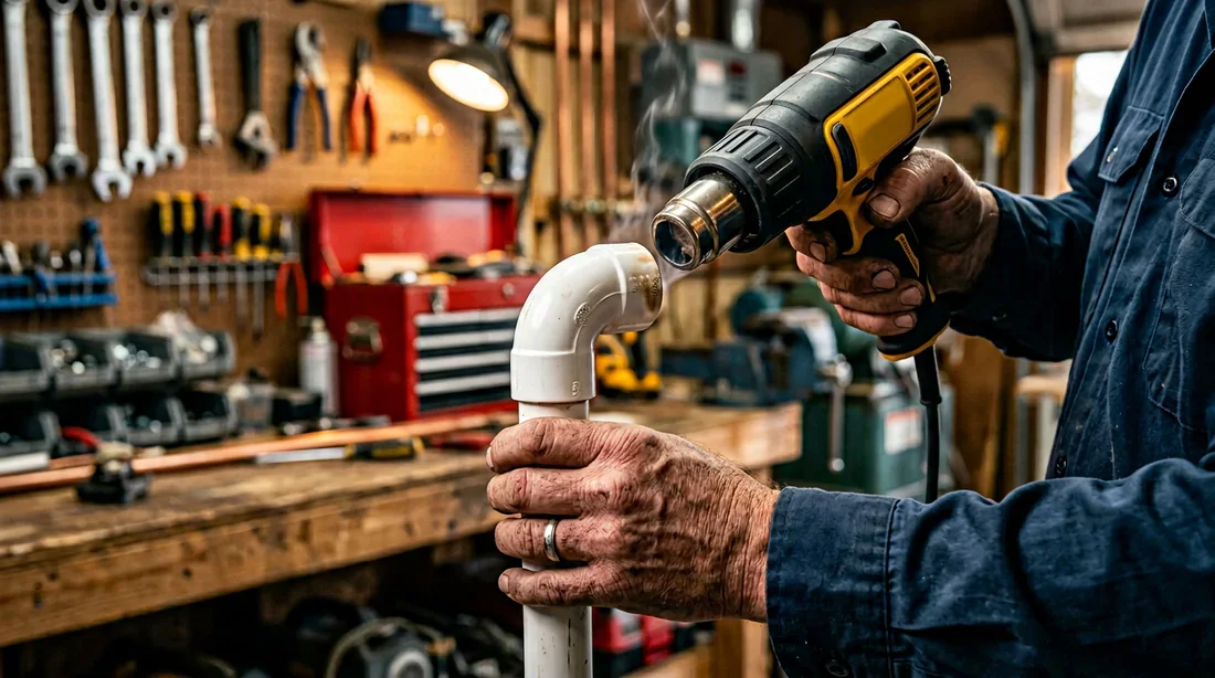 Un artisan utilise un décapeur thermique pour réparer un raccord PVC de plomberie