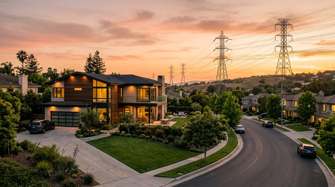 Maison individuelle située à proximité d'une ligne à haute tension avec un éclairage doux au coucher du soleil