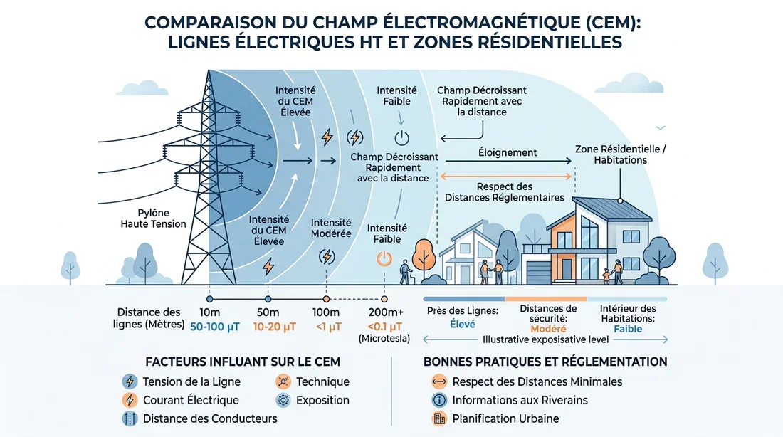 Schéma explicatif des champs électromagnétiques émis par les lignes à haute tension