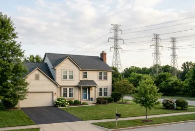 Vue extérieure d'une maison proche d'une ligne THT