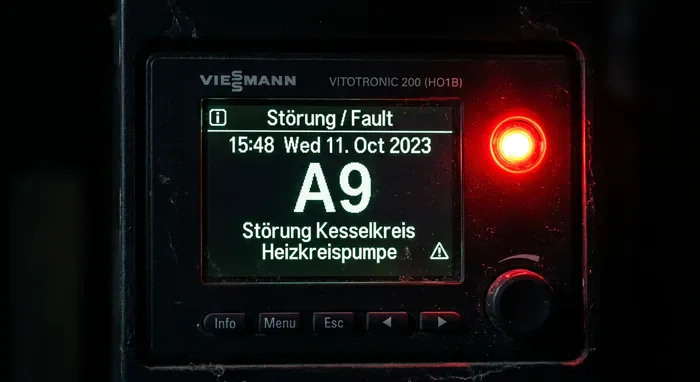 Défaut A9 Viessmann : Causes et Solutions - Erreur A9 Viessmann : 3 Étapes pour Réparer - Pompe à chaleur Viessmann erreur A9 : Que faire ? Code erreur A9 affiché sur écran Viessmann Vitotronic avec voyant rouge