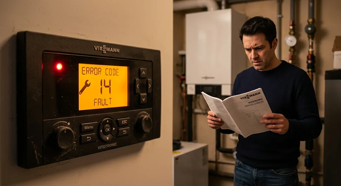 Interface de pompe à chaleur Viessmann Vitotronic affichant un code erreur et un voyant rouge allumé