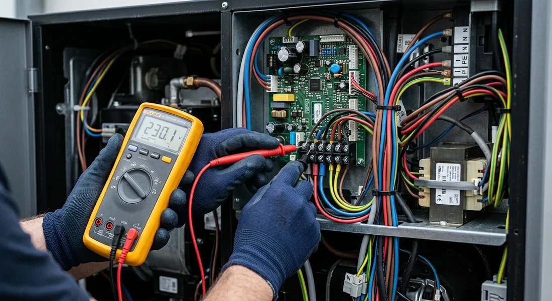 Technicien testant le câblage électrique d'une pompe à chaleur avec un multimètre