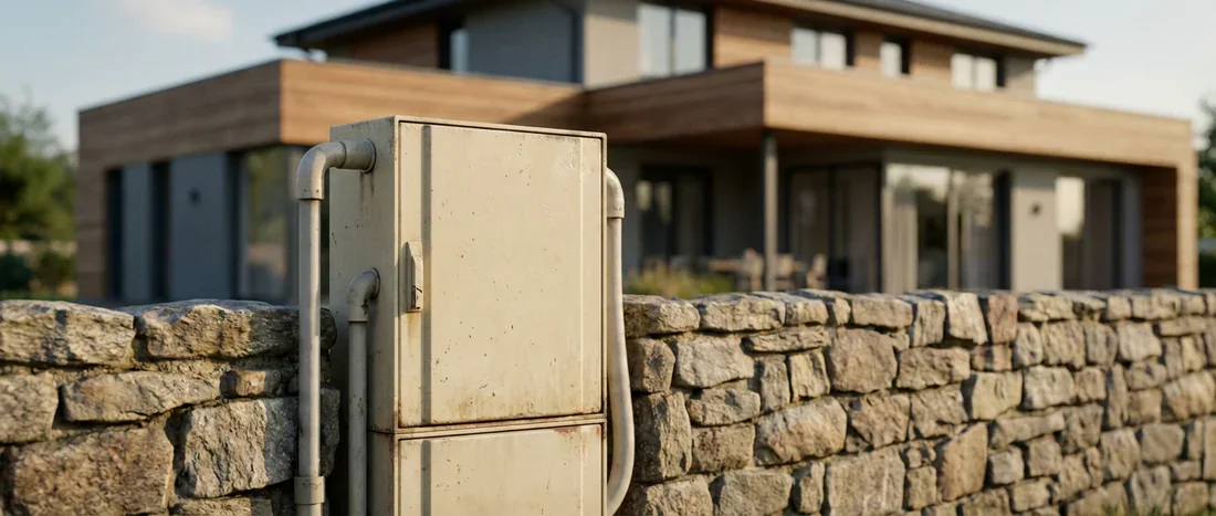 Coffret électrique extérieur beige encastré dans un muret en limite de propriété avec maison en arrière-plan.