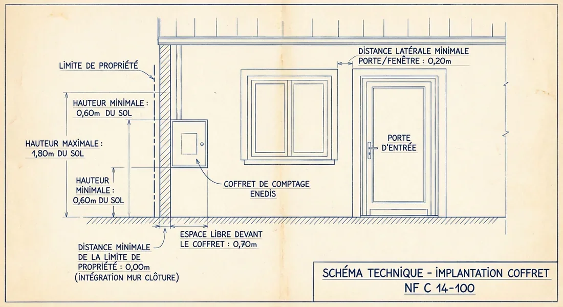 Schéma technique des distances réglementaires pour un coffret électrique.