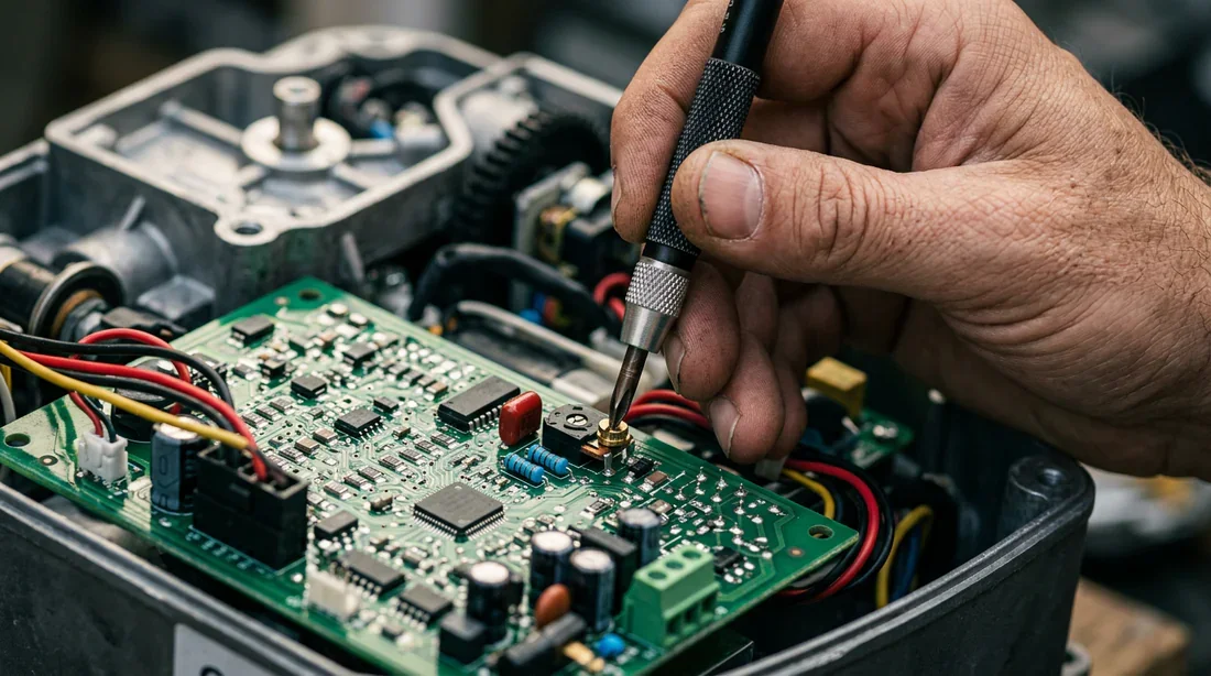 Main technician repairing a gate electronic board with a precision screwdriver