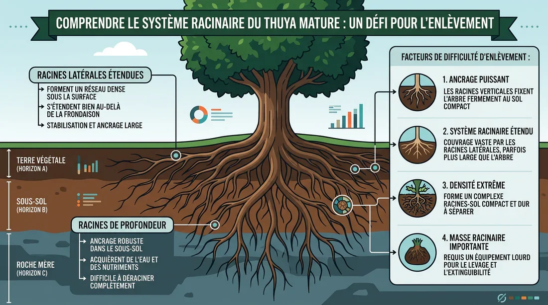 Pourquoi arracher un thuya est complexe Schéma explicatif du système racinaire d'un thuya mature