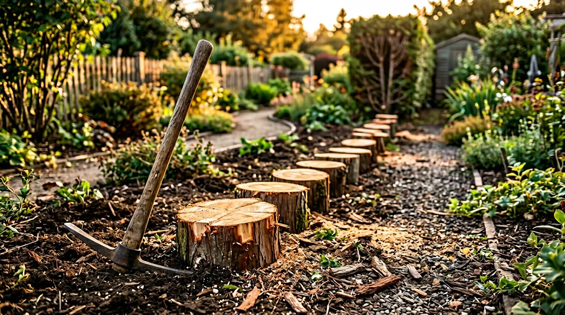 Préparation à l'arrachage de souches de thuyas Souches de thuyas fraîchement coupées dans un jardin avec outils de jardinage