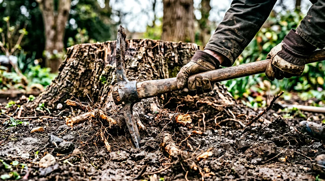 Outils nécessaires pour le dessouchage manuel Technique manuelle pour déterrer une souche avec une pioche