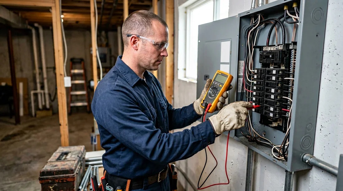 Électricien utilisant un multimètre sur un disjoncteur