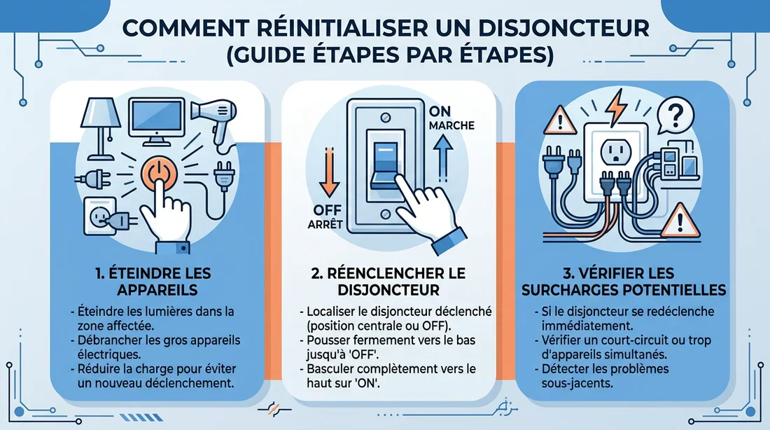 Infographie étapes de réarmement d'un disjoncteur