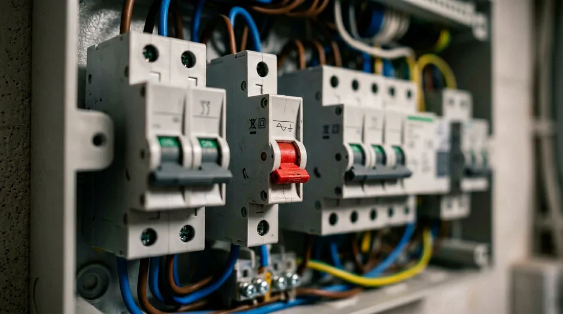 Tableau électrique moderne avec un disjoncteur déclenché