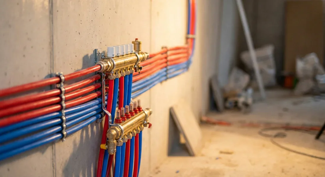 Collecteur de plomberie neuf avec tuyaux PER rouges et bleus parfaitement organisés.