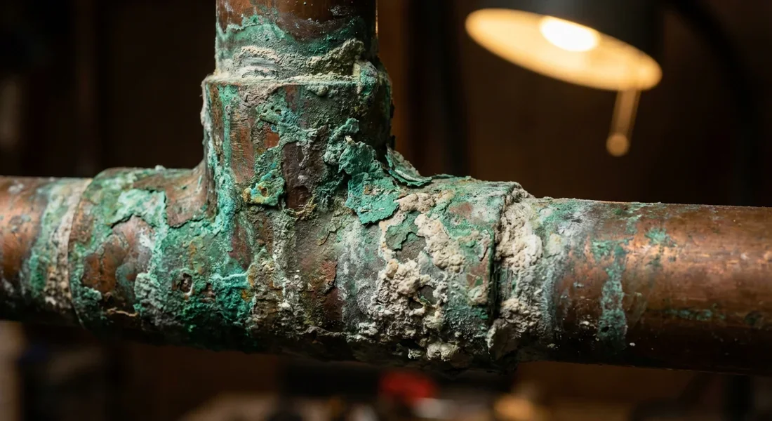 Détail d'un vieux tuyau en cuivre corrodé par le calcaire et l'oxydation.