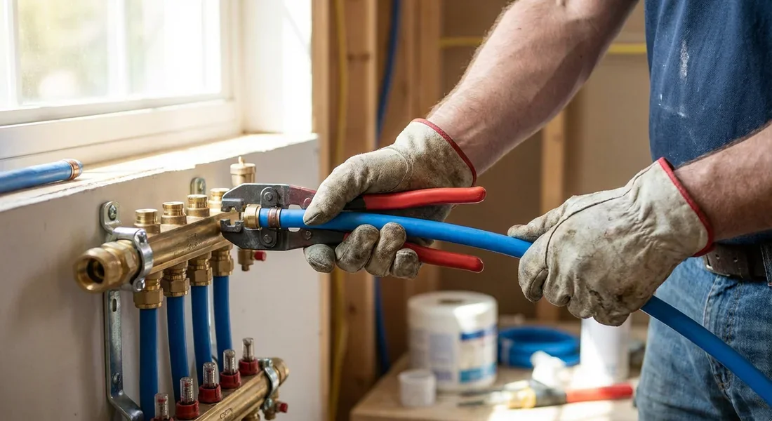Plombier professionnel installant un circuit de chauffage en PER.