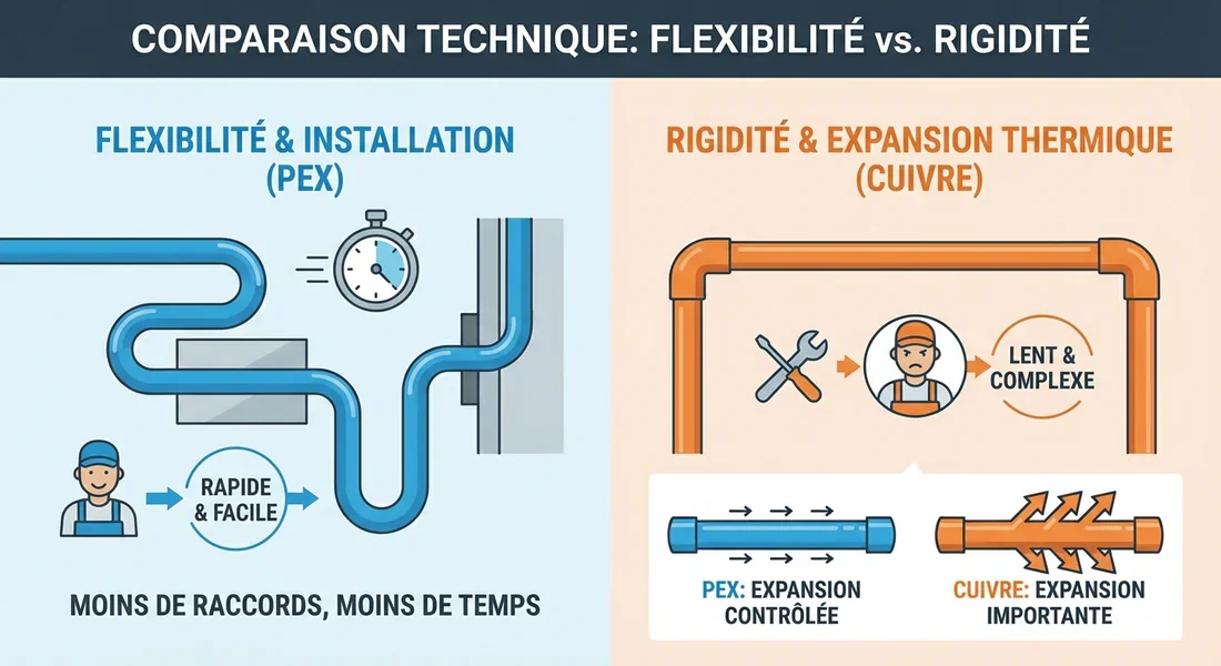 Schéma technique comparant la flexibilité et la pose du PER face au cuivre.