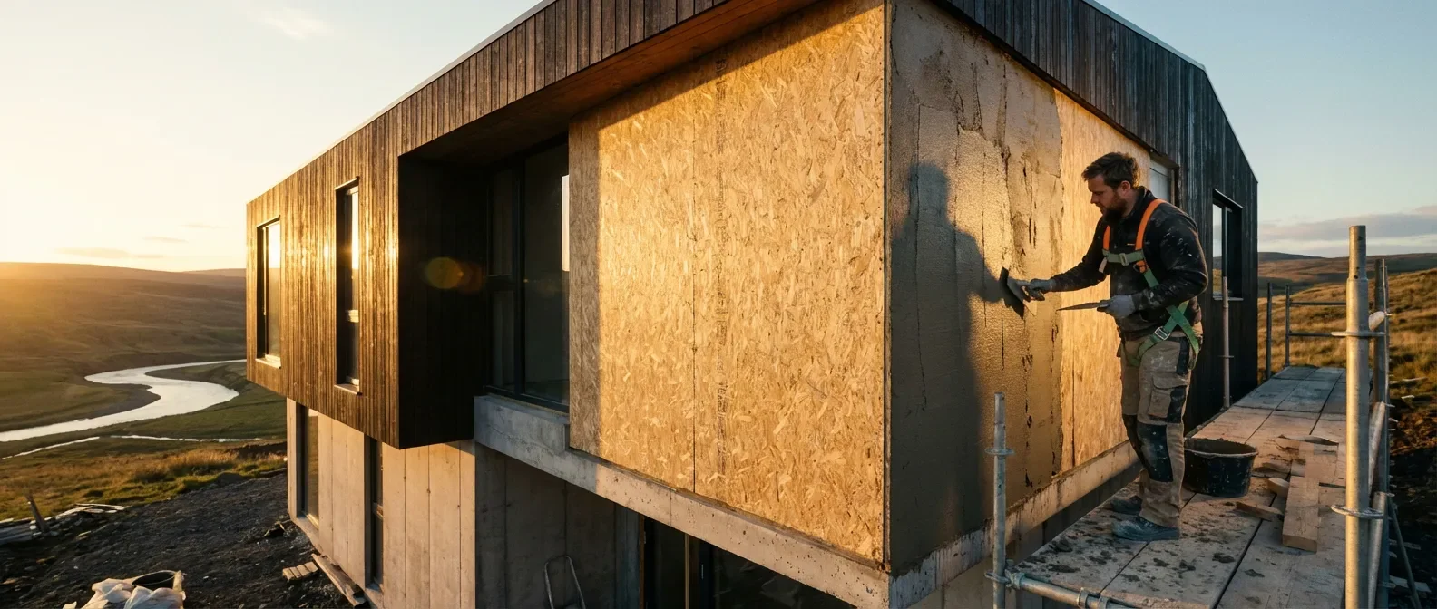 Façade de maison moderne avec un artisan appliquant de l'enduit sur un panneau OSB extérieur sous un éclairage doré.