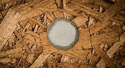 Gros plan contrasté d'un panneau OSB avec une touche d'enduit extérieur.