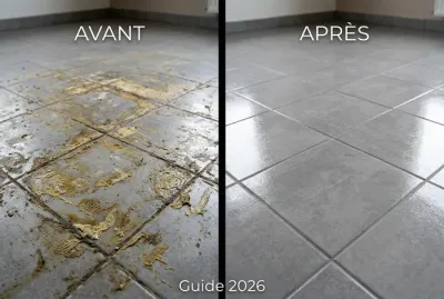 Avant et après le nettoyage de la colle de lino sur un carrelage