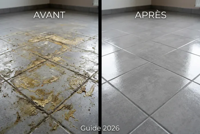 Avant et après le nettoyage de la colle de lino sur un carrelage