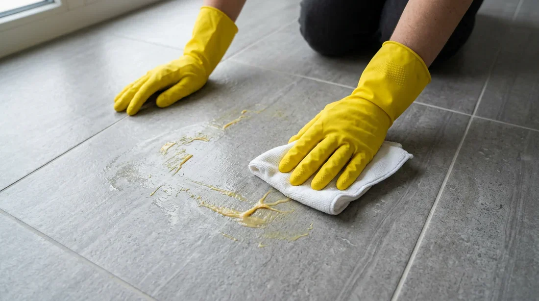 Nettoyage de résidus de colle sur carrelage gris Vue subjective d'une personne nettoyant une trace de colle jaunâtre sur du carrelage gris avec un chiffon