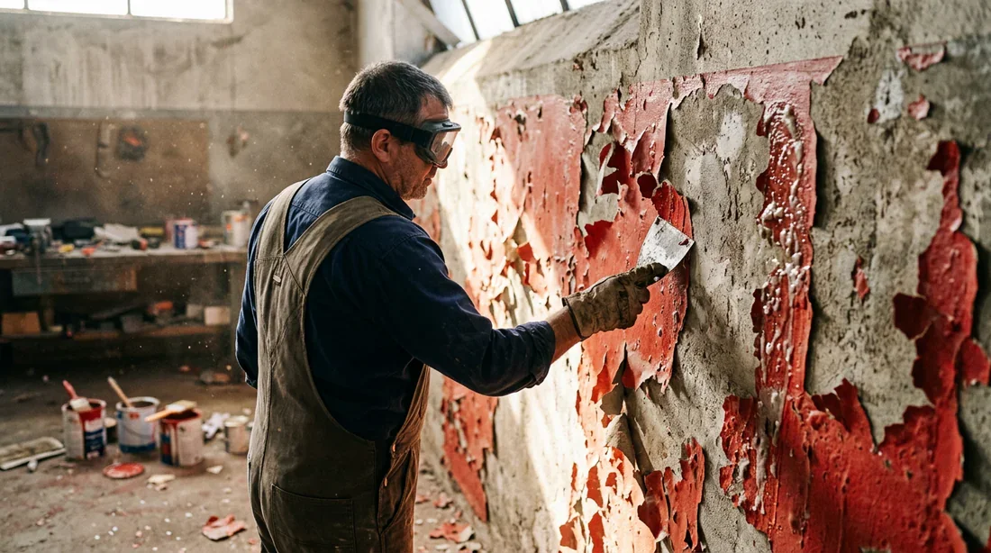 Bricoleur utilisant une spatule pour décaper une vieille peinture rouge sur un muret en béton