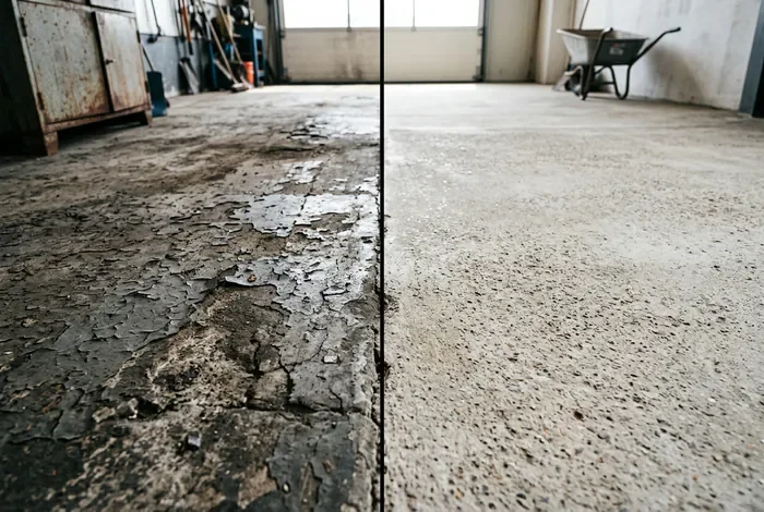 Enlever peinture sur béton extérieur : Guide Complet - 4 Méthodes pour Décaper le Béton : Le Guide Ultime - Comment enlever la peinture sur du béton extérieur ? Comparaison avant et après décapage d'un sol en béton