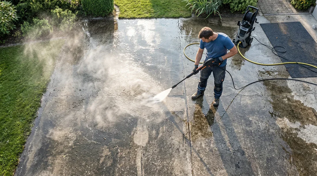 Nettoyage haute pression d'un sol en béton après décapage
