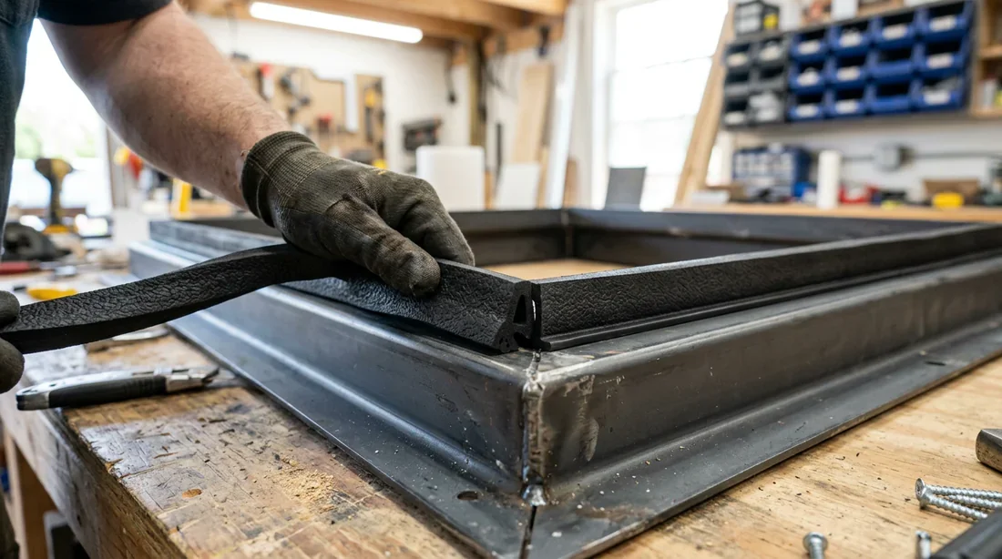 Installation joint thermique trappe Installation d'un joint d'étanchéité thermique sur le cadre d'une trappe de vide sanitaire.