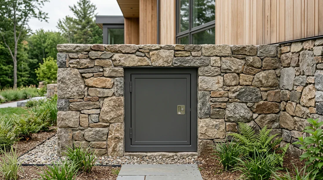 Trappe d'accès au vide sanitaire extérieure Trappe d'accès au vide sanitaire extérieure moderne et bien intégrée dans un mur de soubassement.