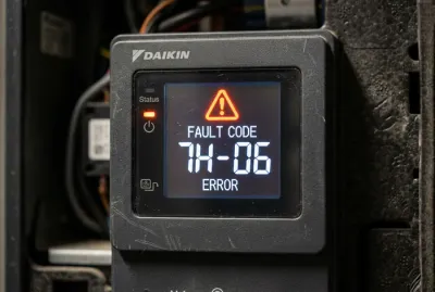 Gros plan sur l ecran de controle Daikin affichant le code d alerte 7H-06 avec voyant lumineux