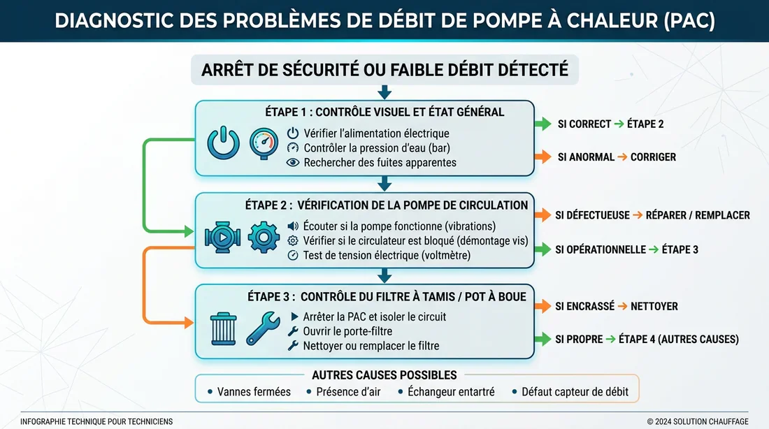 Procedure de resolution et rearmement du code erreur 7H Infographie schematique des etapes pour resoudre un probleme de debit et effacer l erreur 7H