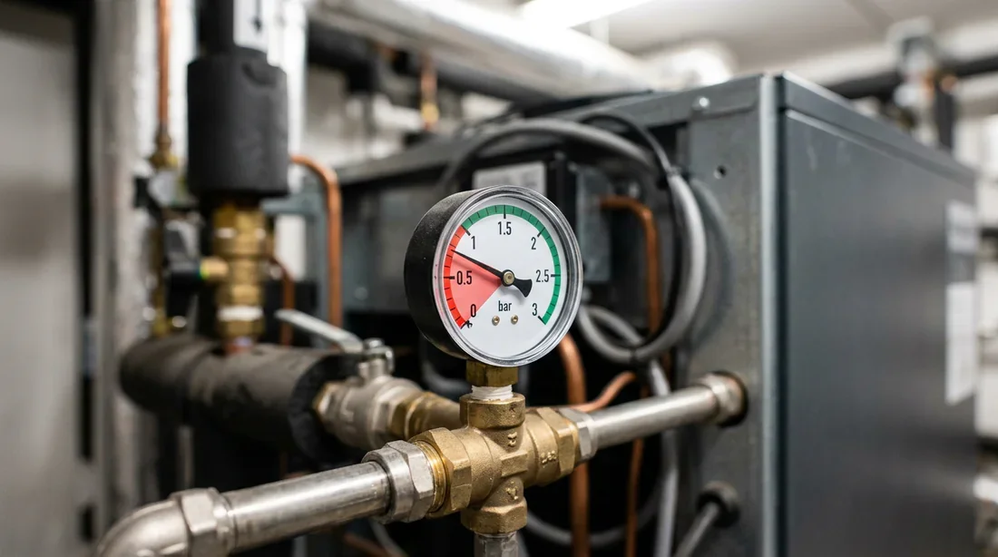 Verification de la pression d eau du circuit de chauffage Manometre de pression d eau d un circuit hydraulique indiquant une faible pression